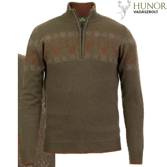 LAKSEN Férfi Pulóver Deer Zip Jacquard Olive